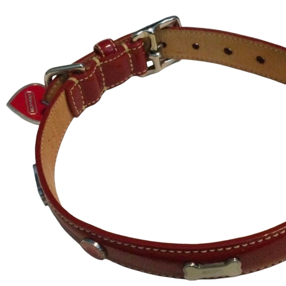 COACH Dog Collar RARE Red Patent Leather Hearts Dog Bones Size M